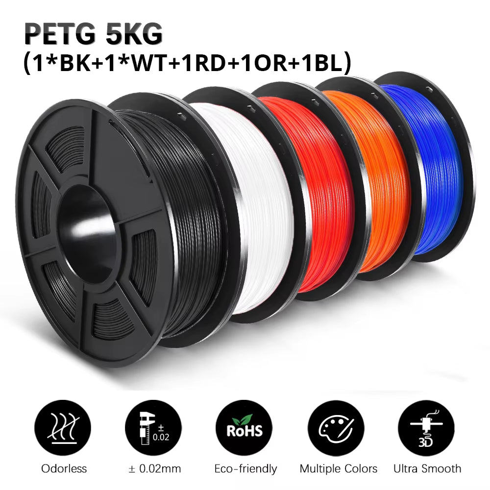 PETG 3D Filament 1KG 1.75MM 5Rolls Arranged Neatly Clogging Free No Bubble Odorless Eco-Friendly Good Toughness