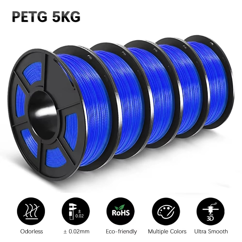 PETG 3D Filament 1KG 1.75MM 5Rolls Arranged Neatly Clogging Free No Bubble Odorless Eco-Friendly Good Toughness
