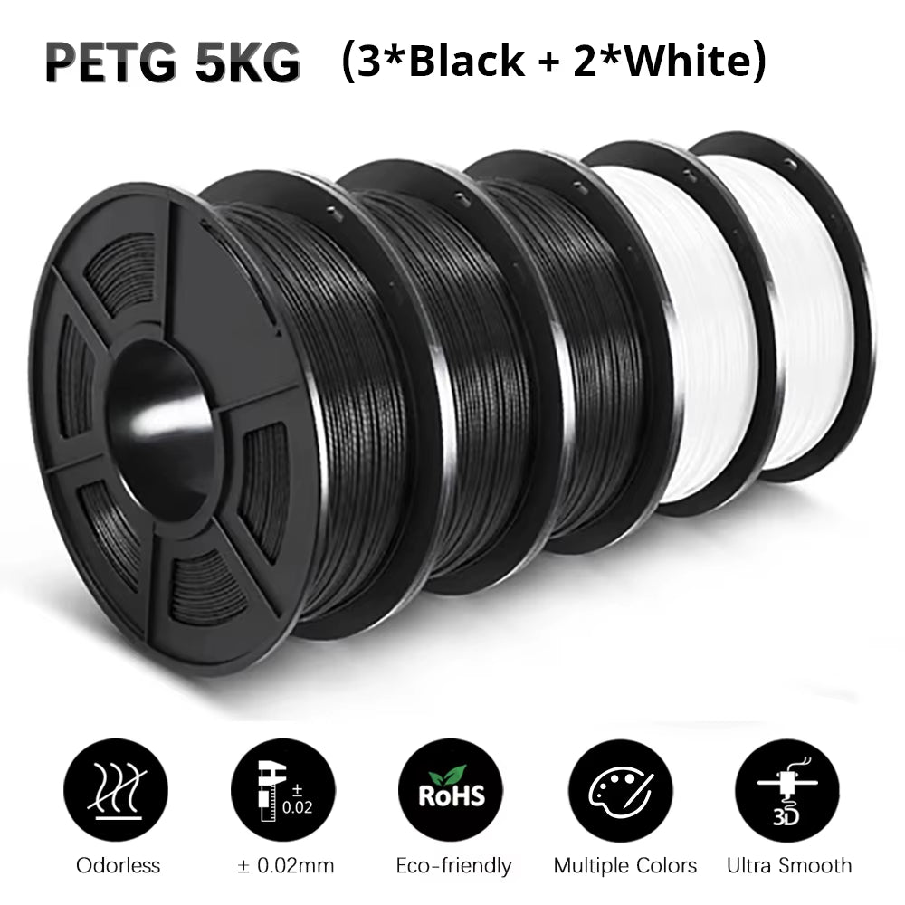 PETG 3D Filament 1KG 1.75MM 5Rolls Arranged Neatly Clogging Free No Bubble Odorless Eco-Friendly Good Toughness