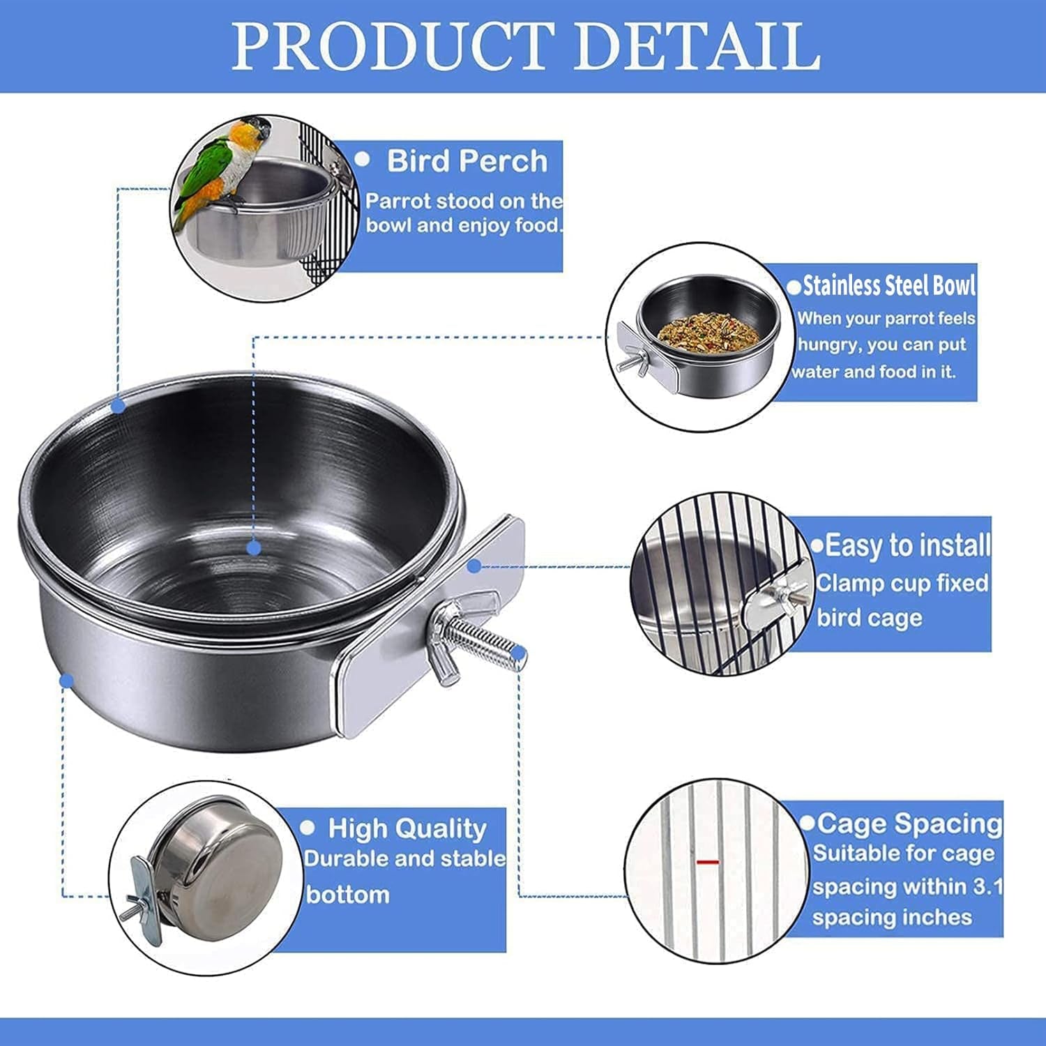 6 Pcs Bird Feeding Dish Cups Parrot Food Bowl Clamp Holder Coop Cup, Bird Cage Water Bowl for Parakeet African Greys Conure Cockatiels Lovebird Budgie Chinchilla