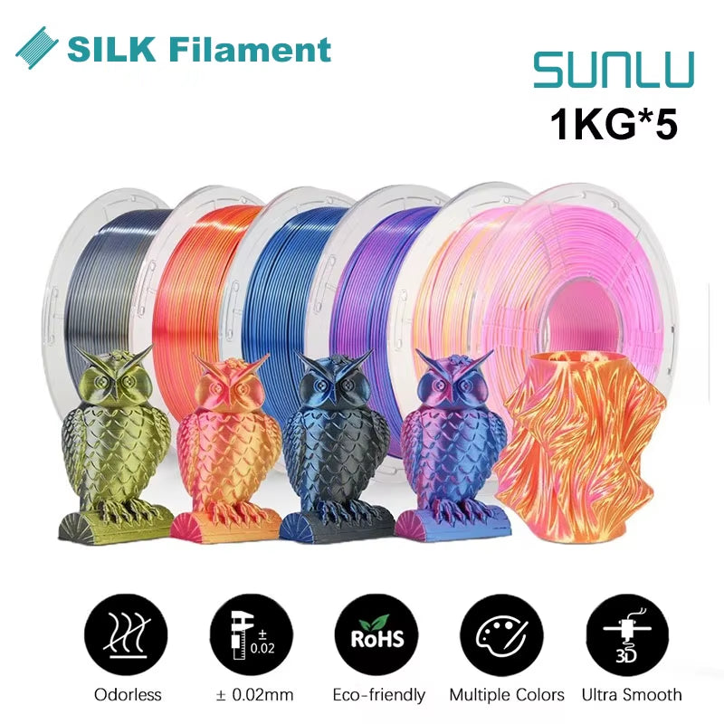 Silk Dual/Triple/Tpu SILK 3D Printer Filament 1KG 1.75MM 5Rolls SILK/PLA Rabinbow Eco-Friendly FREE SHIP