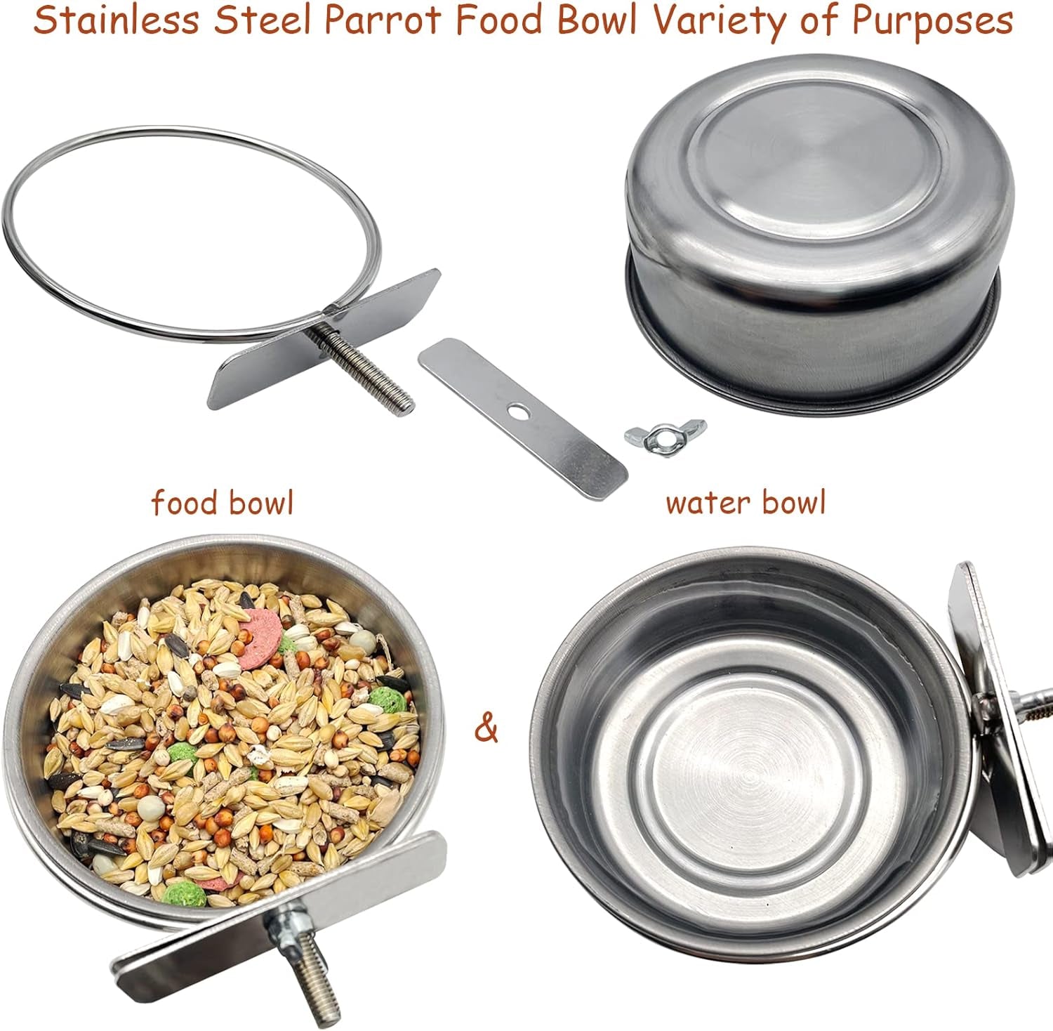 6 Pcs Bird Feeding Dish Cups Parrot Food Bowl Clamp Holder Coop Cup, Bird Cage Water Bowl for Parakeet African Greys Conure Cockatiels Lovebird Budgie Chinchilla