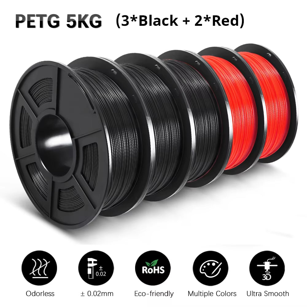 PETG 3D Filament 1KG 1.75MM 5Rolls Arranged Neatly Clogging Free No Bubble Odorless Eco-Friendly Good Toughness