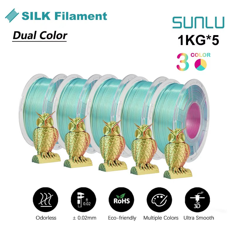 Silk Dual/Triple/Tpu SILK 3D Printer Filament 1KG 1.75MM 5Rolls SILK/PLA Rabinbow Eco-Friendly FREE SHIP