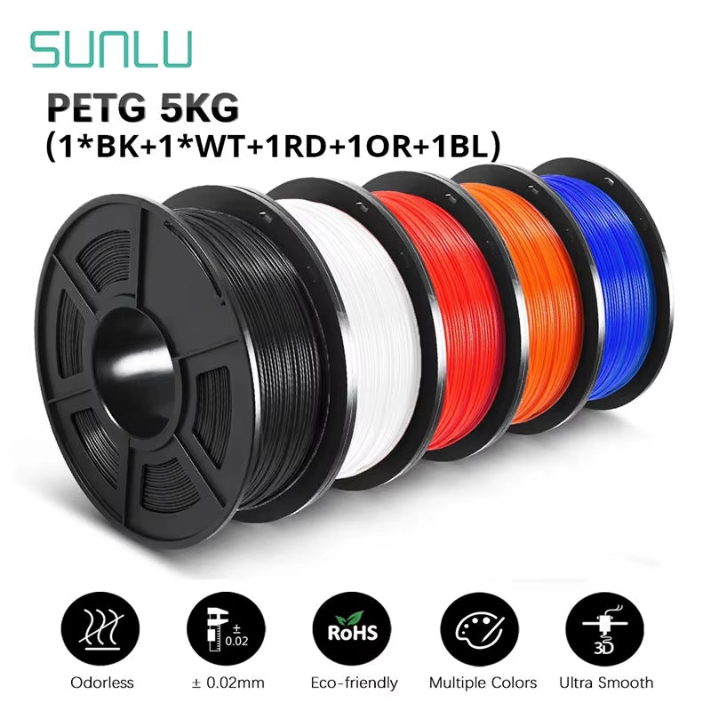 PETG 3D Filament 1KG 1.75MM 5Rolls Arranged Neatly Clogging Free No Bubble Odorless Eco-Friendly Good Toughness