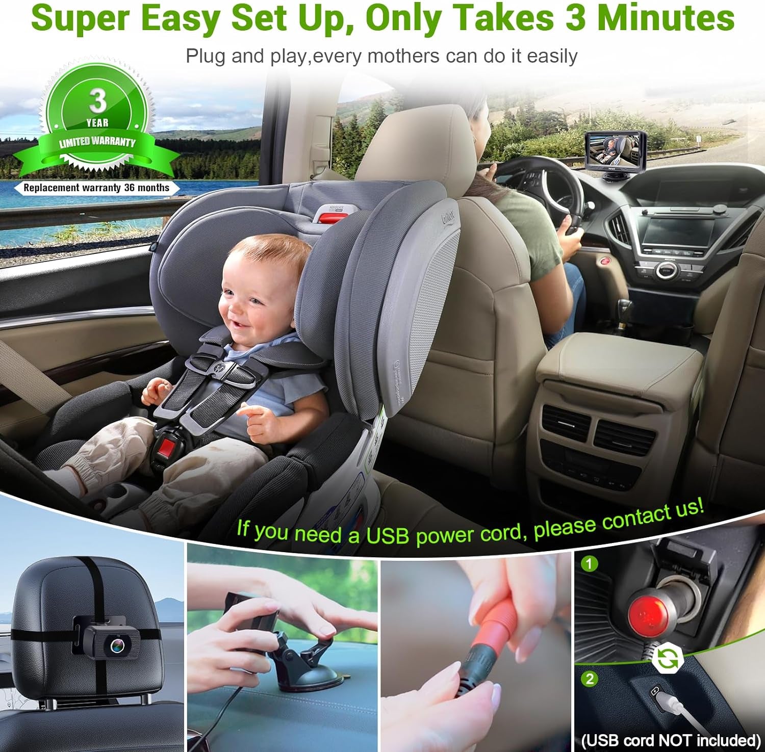 Baby Car Camera HD 1080P - Rear-Facing Infant Monitor with Night Vision, Car Cam