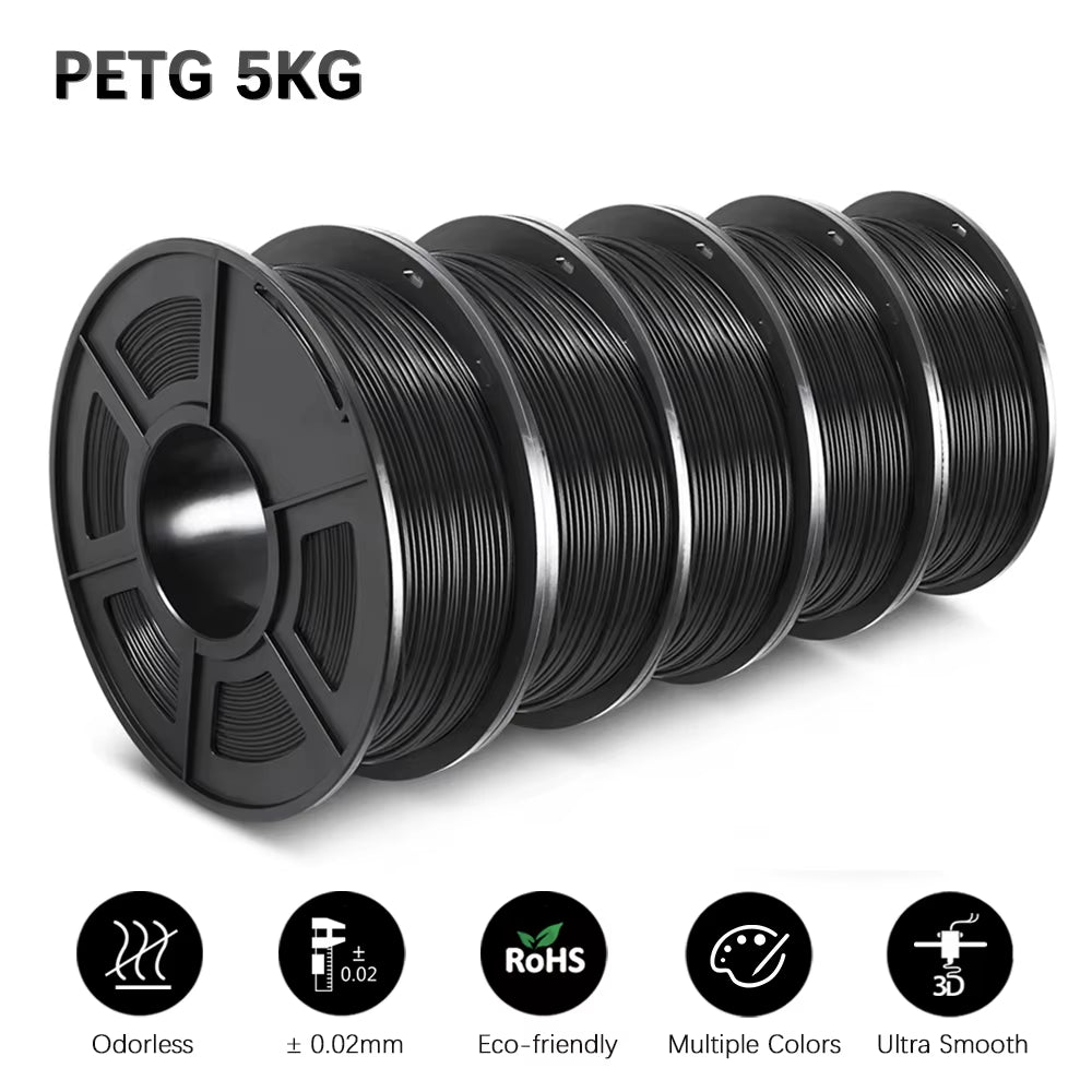PETG 3D Filament 1KG 1.75MM 5Rolls Arranged Neatly Clogging Free No Bubble Odorless Eco-Friendly Good Toughness