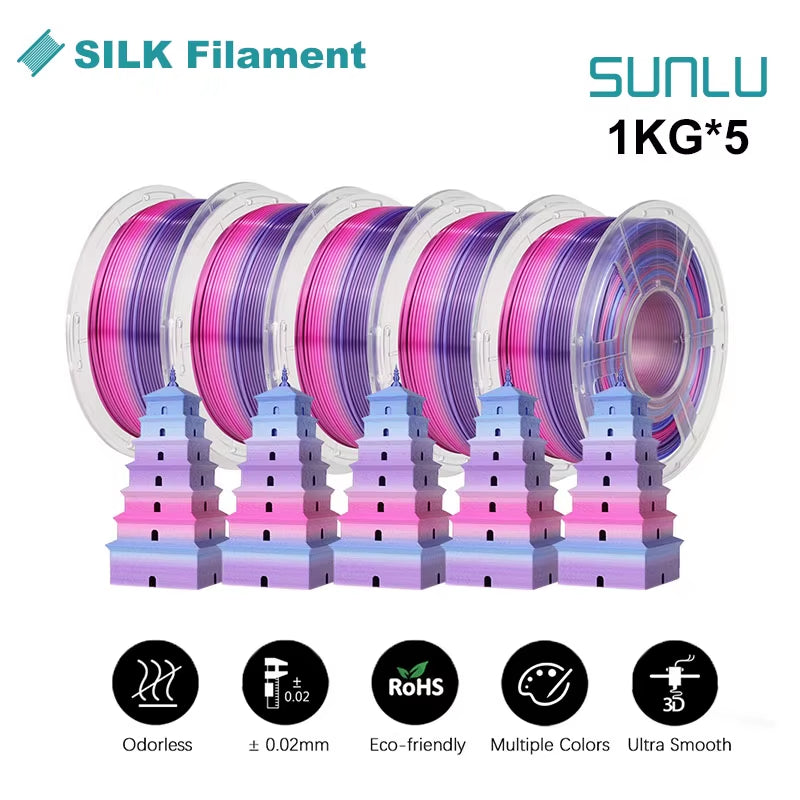 Silk Dual/Triple/Tpu SILK 3D Printer Filament 1KG 1.75MM 5Rolls SILK/PLA Rabinbow Eco-Friendly FREE SHIP