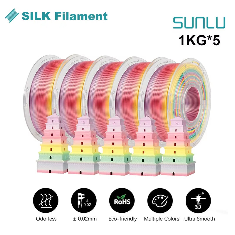 Silk Dual/Triple/Tpu SILK 3D Printer Filament 1KG 1.75MM 5Rolls SILK/PLA Rabinbow Eco-Friendly FREE SHIP