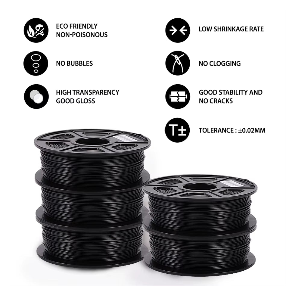 PETG 3D Filament 1KG 1.75MM 5Rolls Arranged Neatly Clogging Free No Bubble Odorless Eco-Friendly Good Toughness
