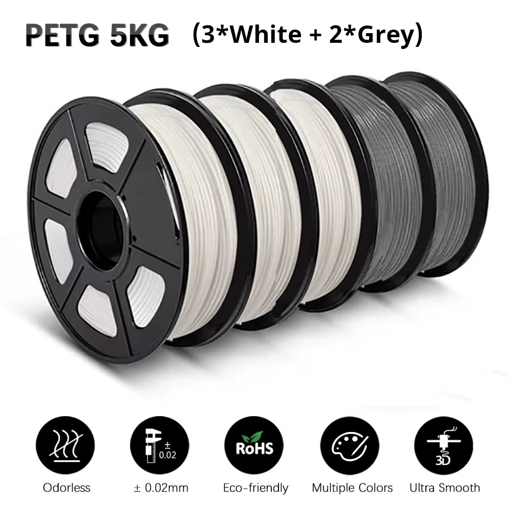 PETG 3D Filament 1KG 1.75MM 5Rolls Arranged Neatly Clogging Free No Bubble Odorless Eco-Friendly Good Toughness