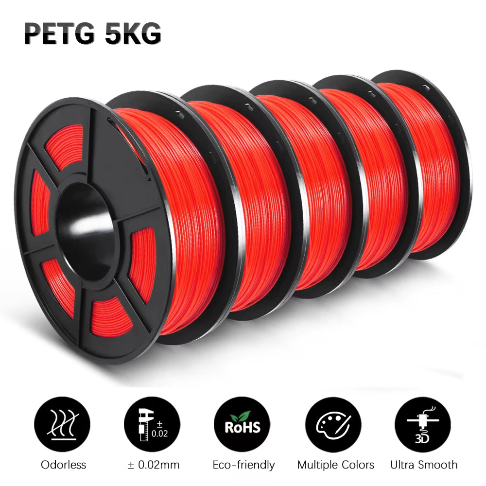 PETG 3D Filament 1KG 1.75MM 5Rolls Arranged Neatly Clogging Free No Bubble Odorless Eco-Friendly Good Toughness