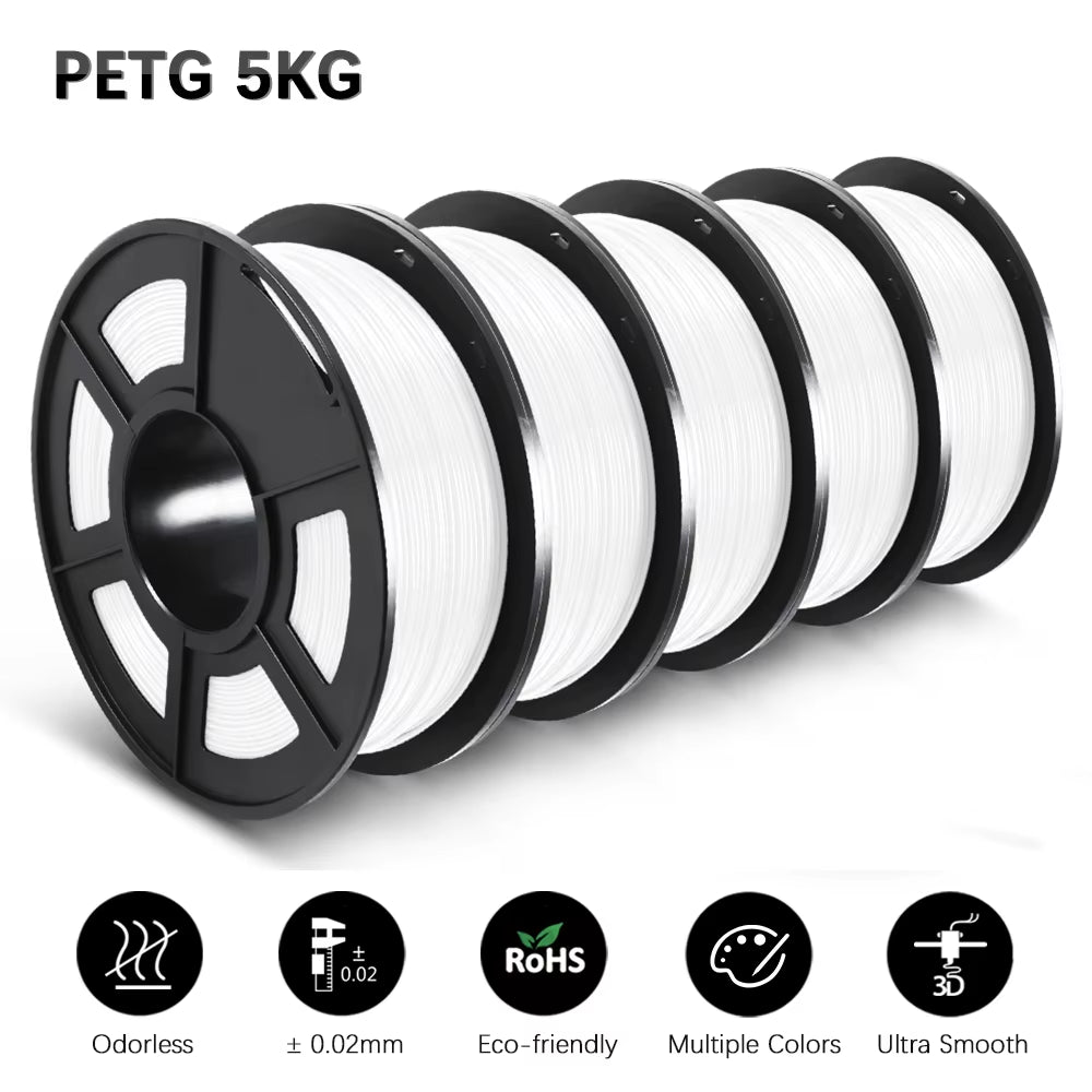PETG 3D Filament 1KG 1.75MM 5Rolls Arranged Neatly Clogging Free No Bubble Odorless Eco-Friendly Good Toughness