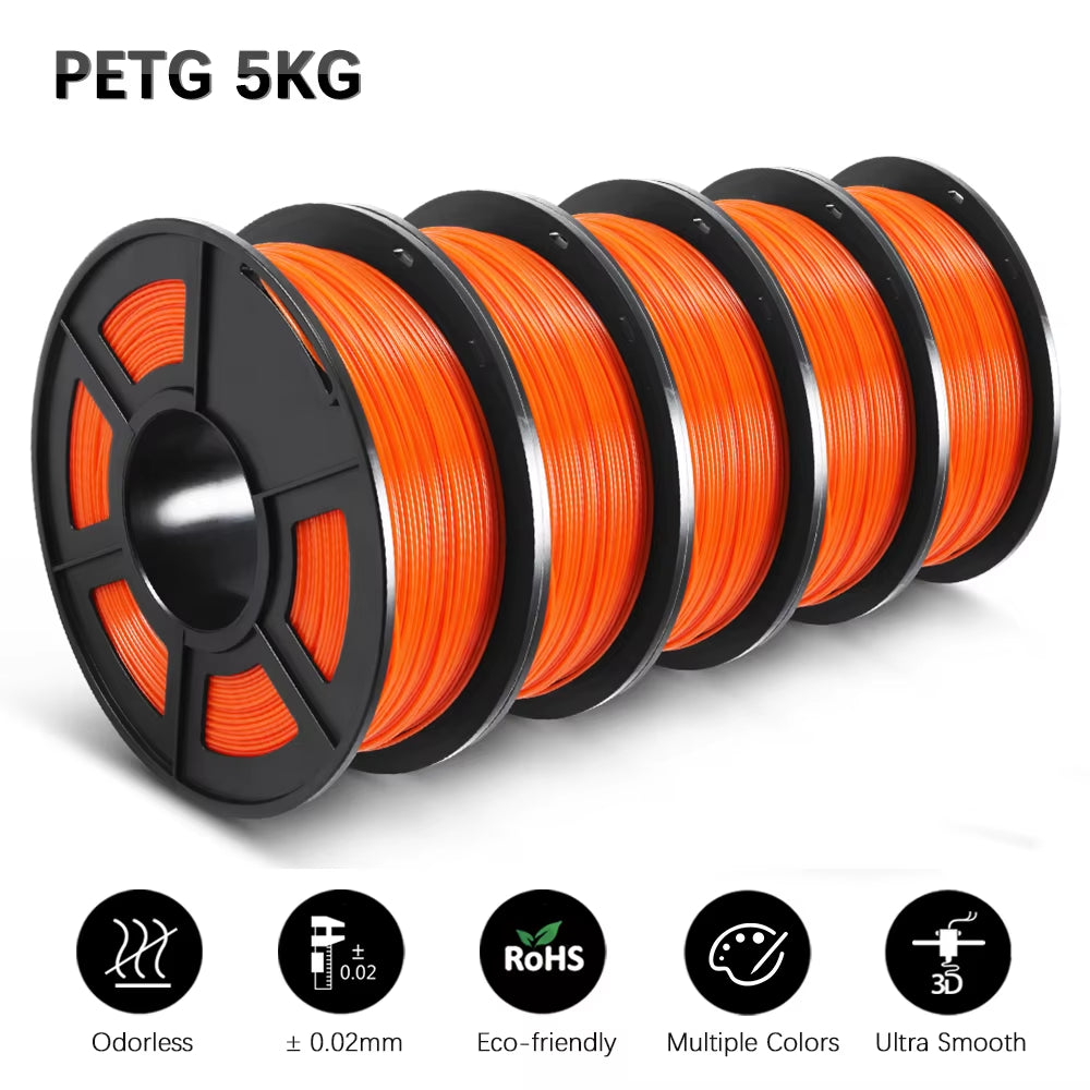 PETG 3D Filament 1KG 1.75MM 5Rolls Arranged Neatly Clogging Free No Bubble Odorless Eco-Friendly Good Toughness
