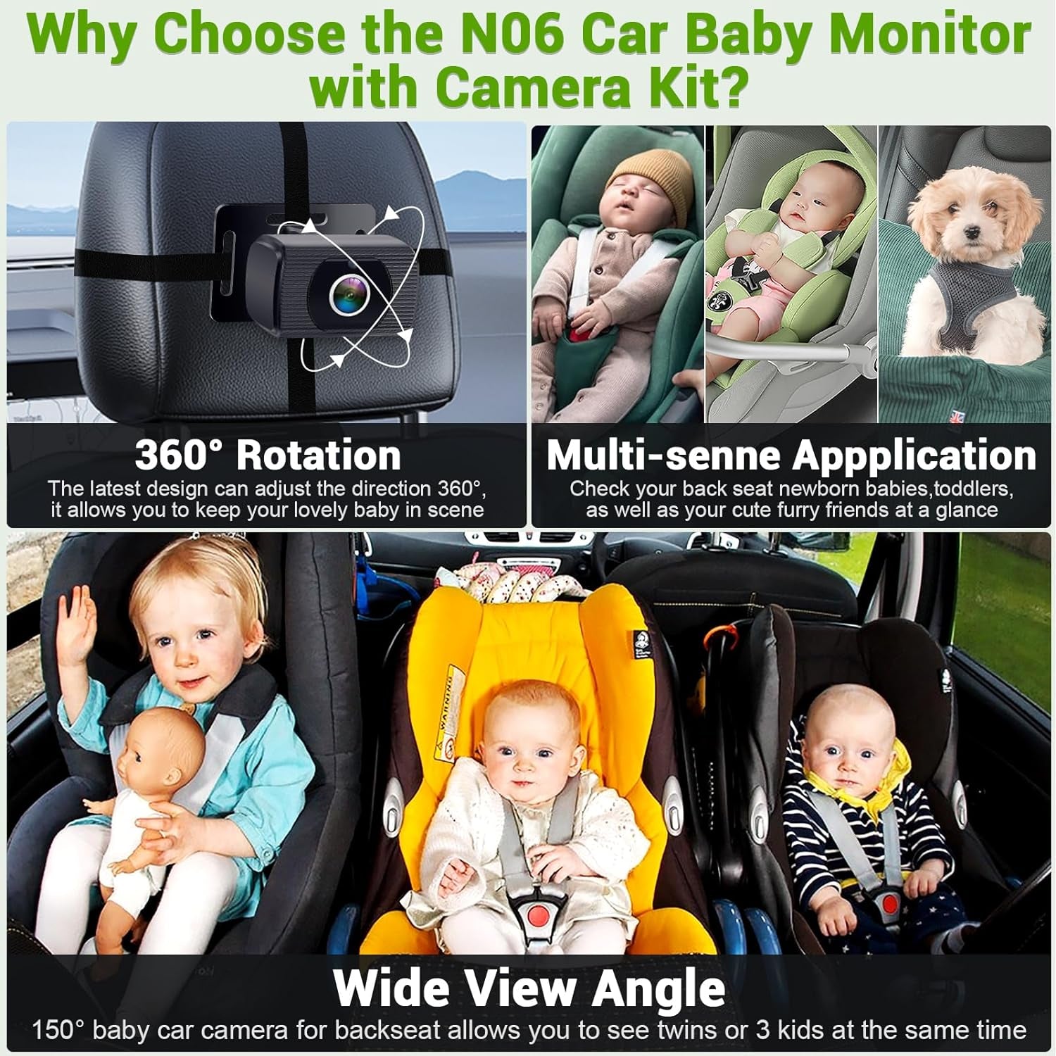 Baby Car Camera HD 1080P - Rear-Facing Infant Monitor with Night Vision, Car Cam