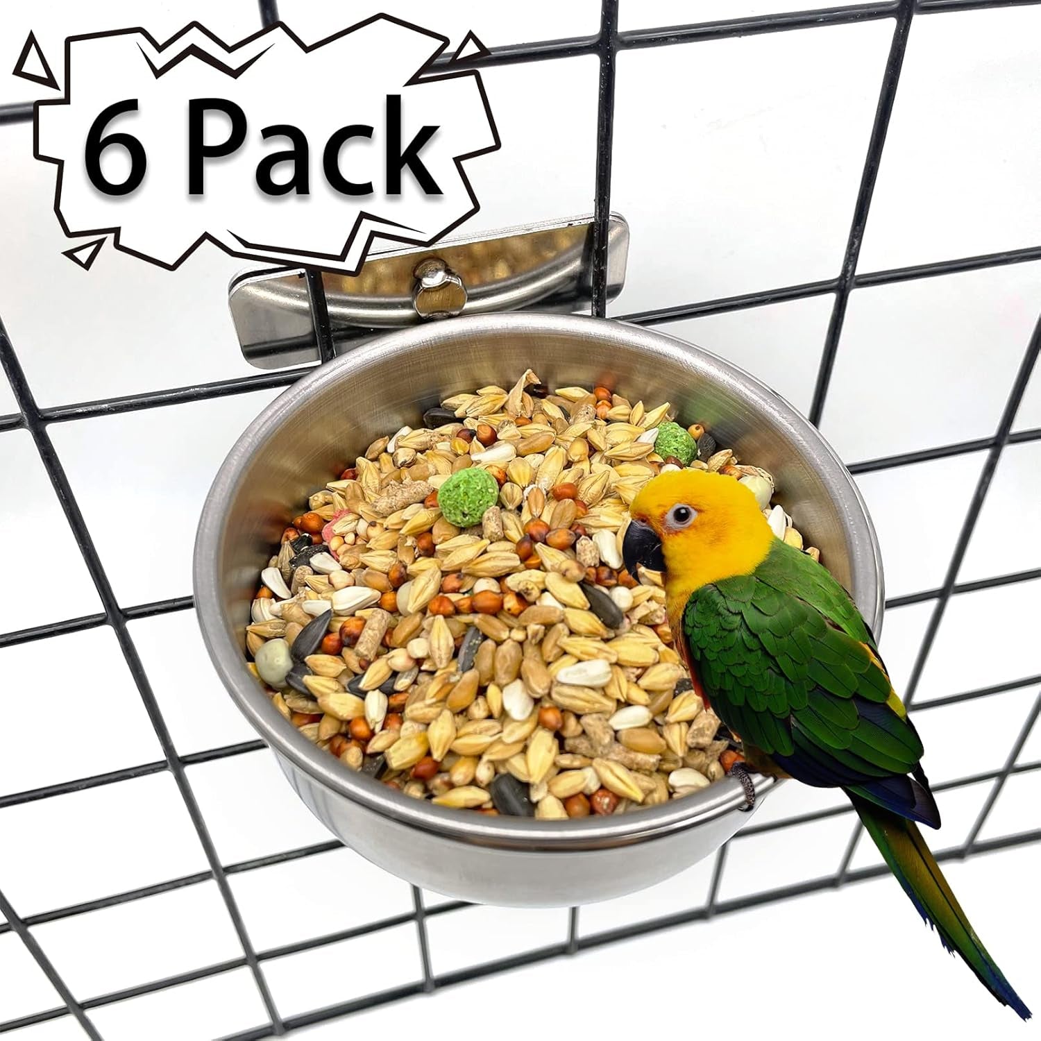 6 Pcs Bird Feeding Dish Cups Parrot Food Bowl Clamp Holder Coop Cup, Bird Cage Water Bowl for Parakeet African Greys Conure Cockatiels Lovebird Budgie Chinchilla