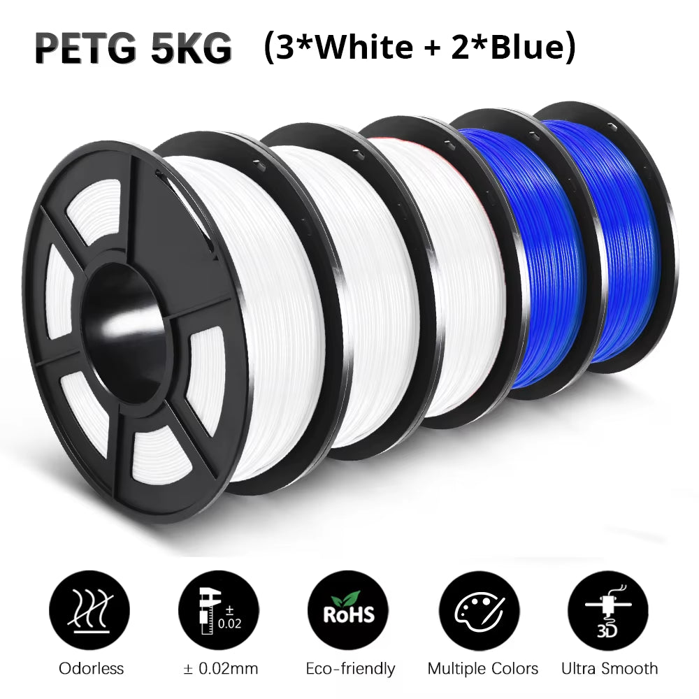 PETG 3D Filament 1KG 1.75MM 5Rolls Arranged Neatly Clogging Free No Bubble Odorless Eco-Friendly Good Toughness
