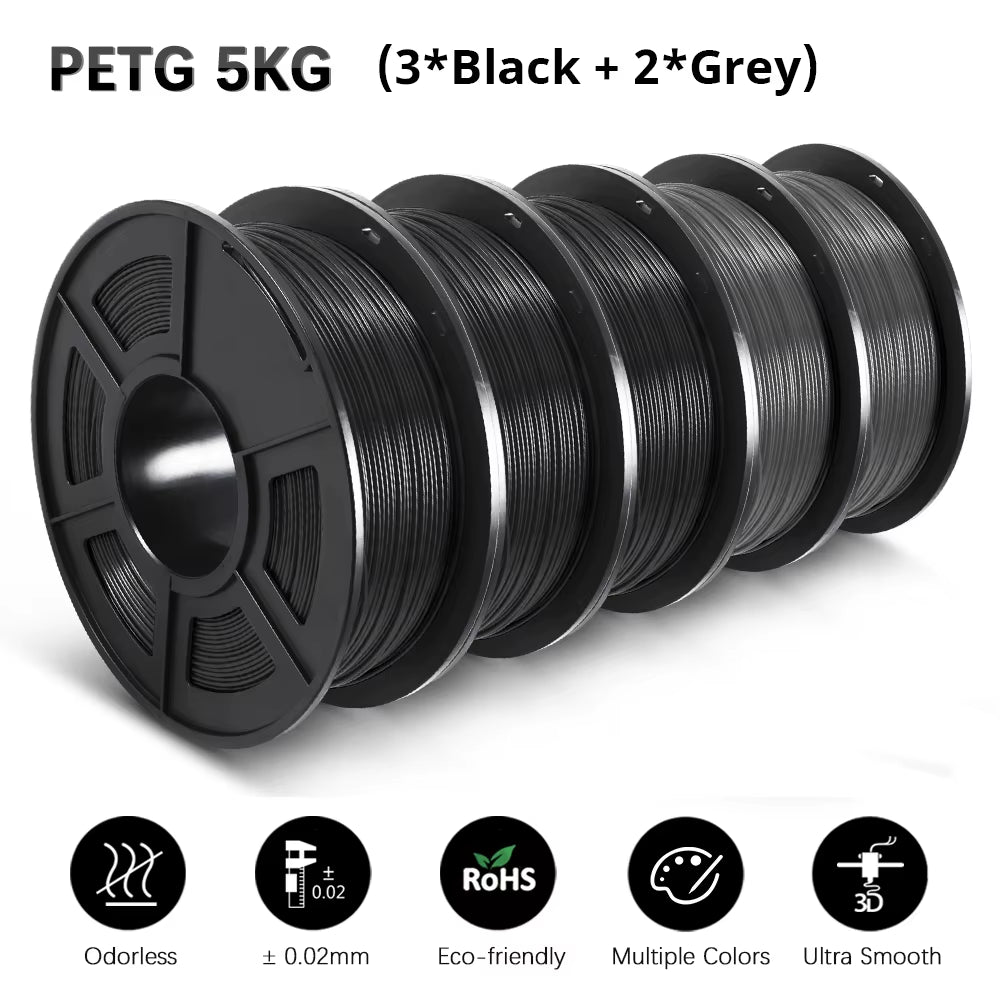 PETG 3D Filament 1KG 1.75MM 5Rolls Arranged Neatly Clogging Free No Bubble Odorless Eco-Friendly Good Toughness