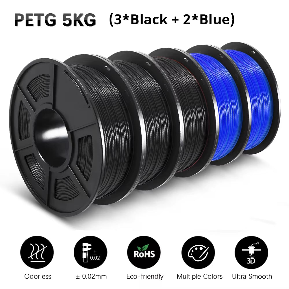 PETG 3D Filament 1KG 1.75MM 5Rolls Arranged Neatly Clogging Free No Bubble Odorless Eco-Friendly Good Toughness