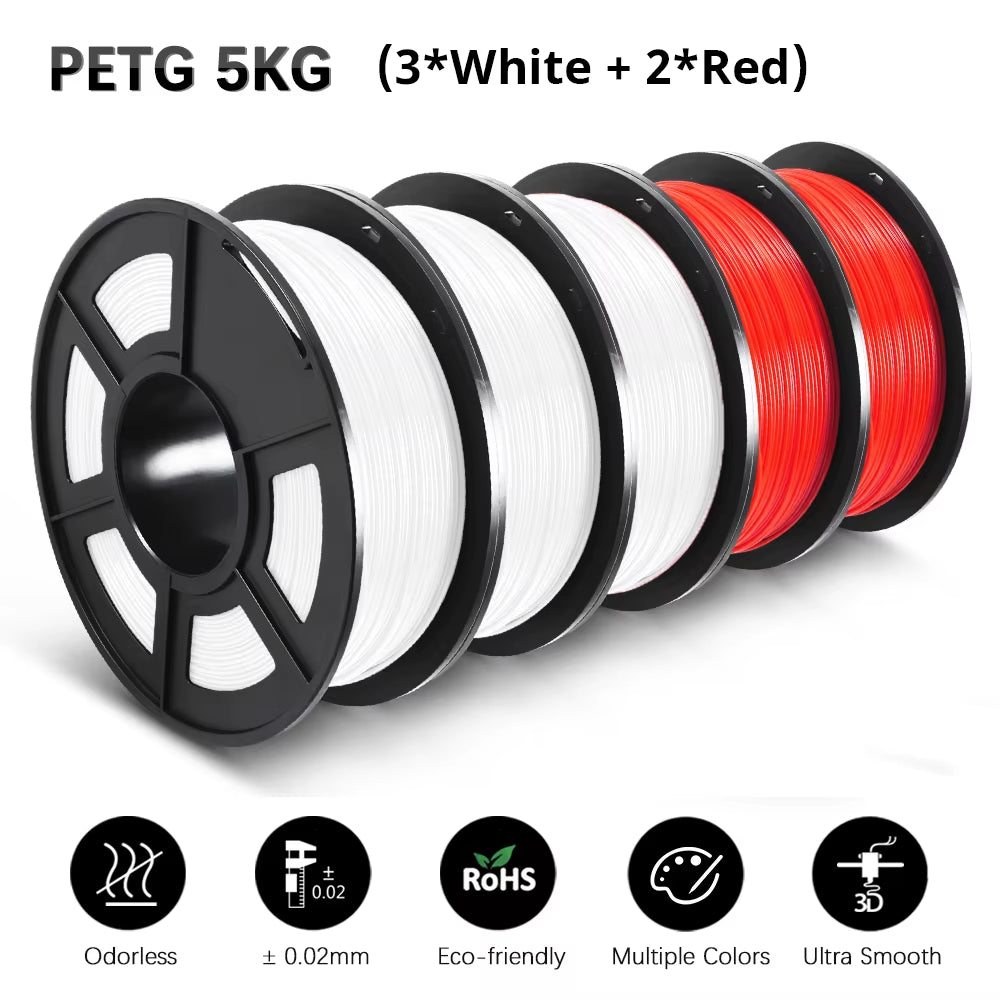 PETG 3D Filament 1KG 1.75MM 5Rolls Arranged Neatly Clogging Free No Bubble Odorless Eco-Friendly Good Toughness