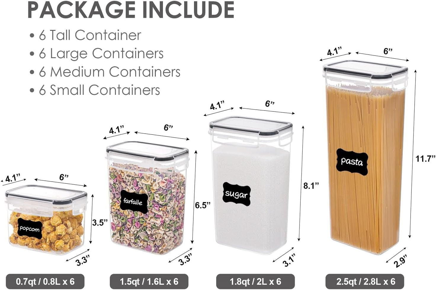 Airtight Food Storage Containers with Lids, 24 Pcs Plastic Kitchen and Pantry Organization Canisters for Cereal, Dry Food, Flour and Sugar, BPA Free, Includes 24 Labels