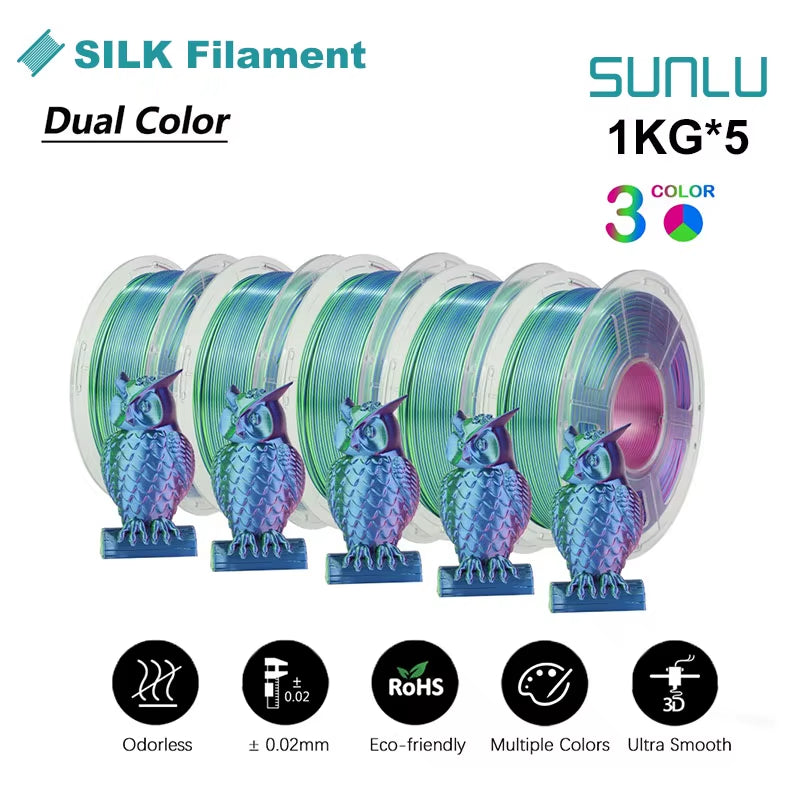 Silk Dual/Triple/Tpu SILK 3D Printer Filament 1KG 1.75MM 5Rolls SILK/PLA Rabinbow Eco-Friendly FREE SHIP