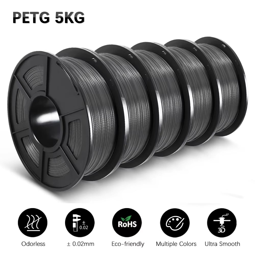 PETG 3D Filament 1KG 1.75MM 5Rolls Arranged Neatly Clogging Free No Bubble Odorless Eco-Friendly Good Toughness