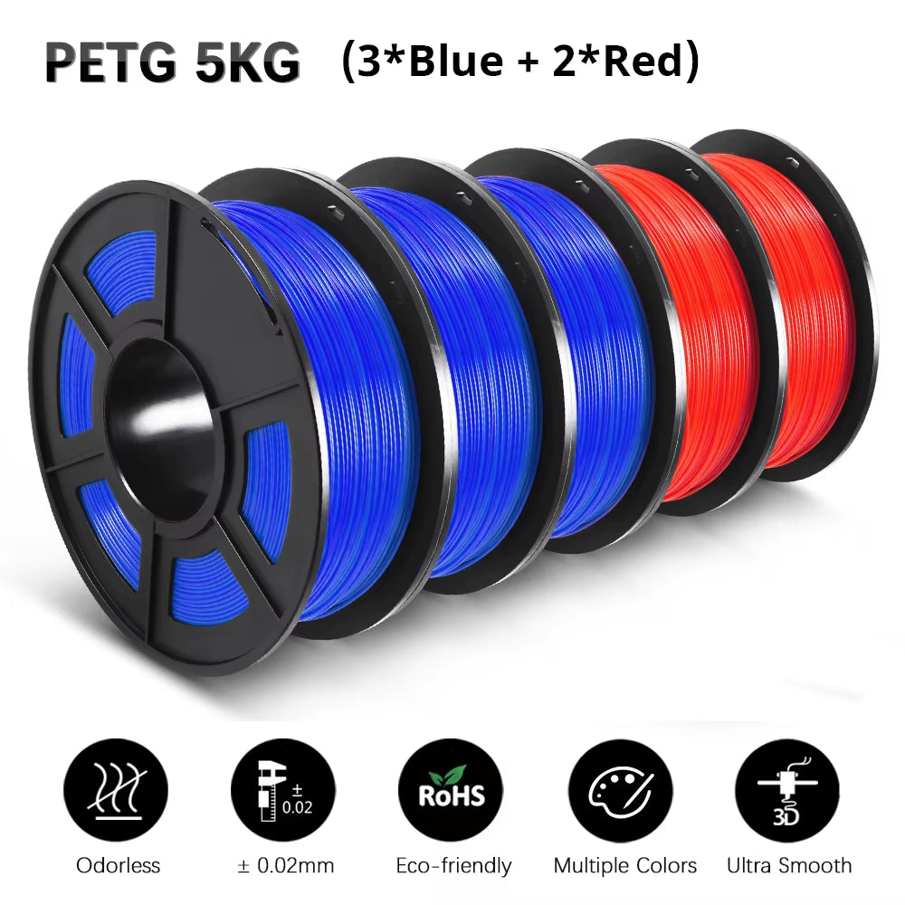 PETG 3D Filament 1KG 1.75MM 5Rolls Arranged Neatly Clogging Free No Bubble Odorless Eco-Friendly Good Toughness