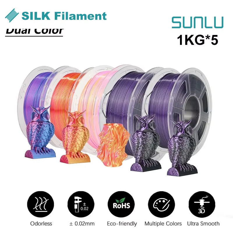 Silk Dual/Triple/Tpu SILK 3D Printer Filament 1KG 1.75MM 5Rolls SILK/PLA Rabinbow Eco-Friendly FREE SHIP