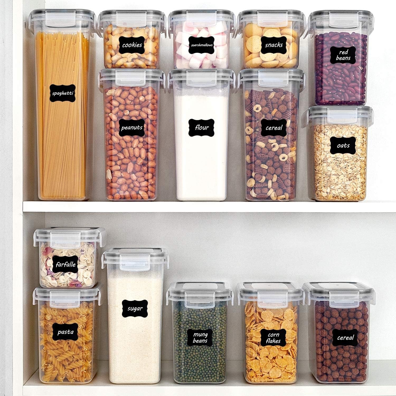Airtight Food Storage Containers with Lids, 24 Pcs Plastic Kitchen and Pantry Organization Canisters for Cereal, Dry Food, Flour and Sugar, BPA Free, Includes 24 Labels
