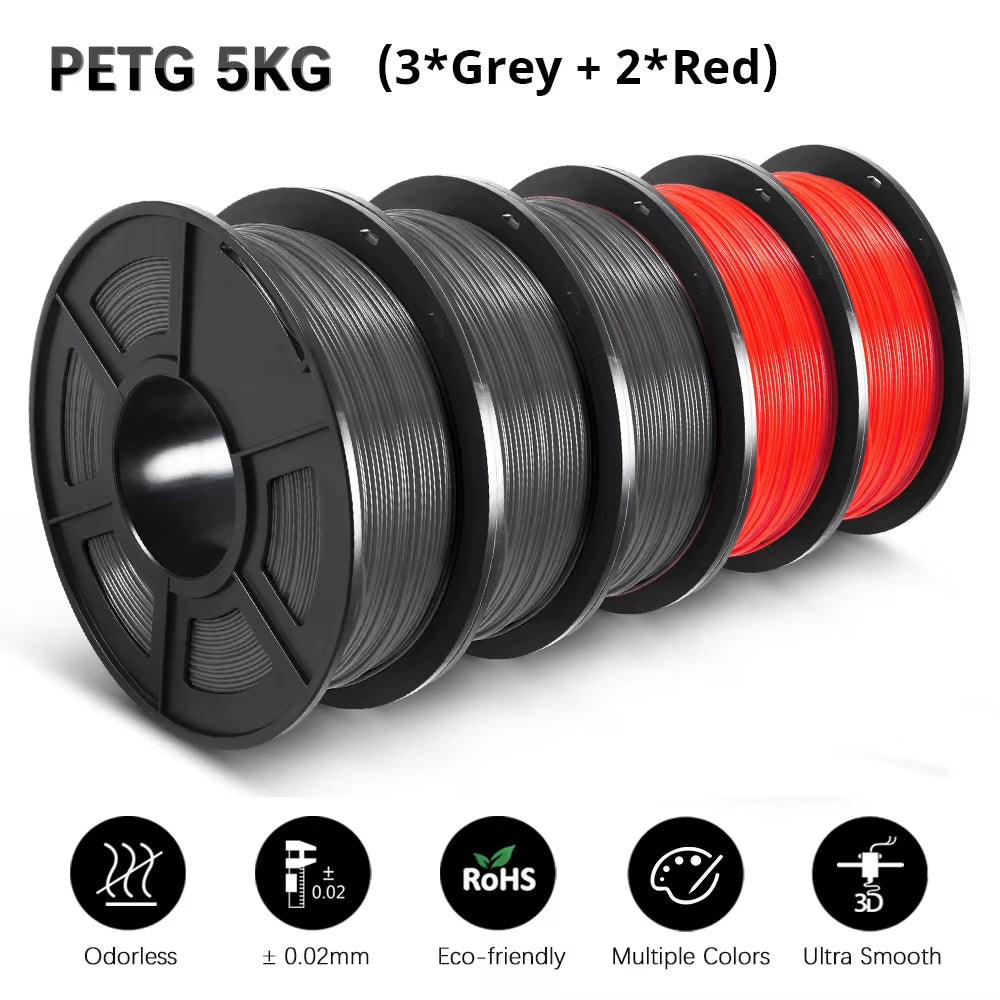PETG 3D Filament 1KG 1.75MM 5Rolls Arranged Neatly Clogging Free No Bubble Odorless Eco-Friendly Good Toughness