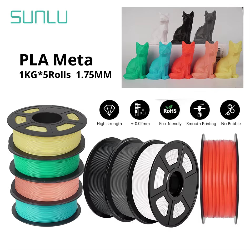 PLA Meta 3D Filament 5KG 1.75MM No Bubble Odorless High Liquidity Better for Fast Printing Eco-Friendly Artwork Design