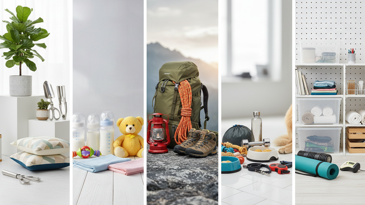 generate a picture that has several pictures next to each other showing home and garden, Baby supplies, outdoor gear, pet products, fitness and wellness and organizational products